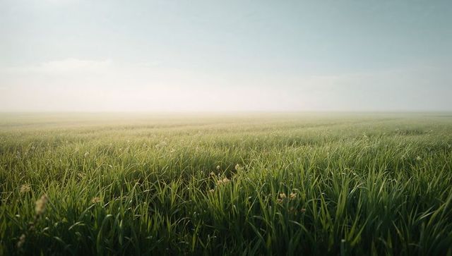 Misty Meadow Waving Tall Green Grass with Seed Heads, Calm Expansive Horizon