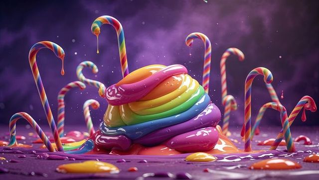 Whimsical slime and candy canes on purple fantasy background