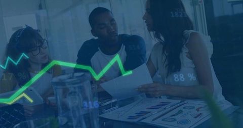 Diverse Team Analyzing Data with High-Tech Digital Overlays