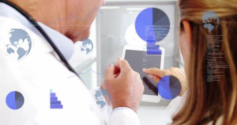 Clinicians reviewing patient data on tablet with medical analytics overlay