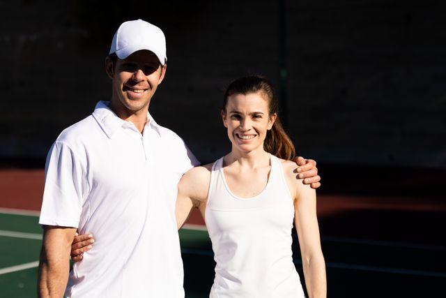 Portrait of a happy Caucasian woman and a man wearing tennis whites playing tennis on a sunny day, smiling at camera and embracing each other.
