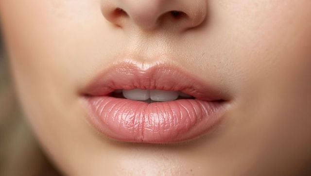 Parting glossy pink lips closeup with dewy skin texture and natural makeup