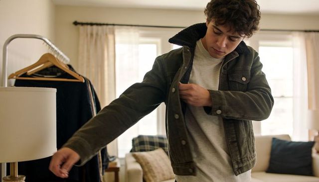 Young man putting on green corduroy shearling jacket in cozy apartment living room