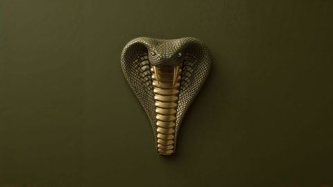 Metallic king cobra head sculpture against olive green background