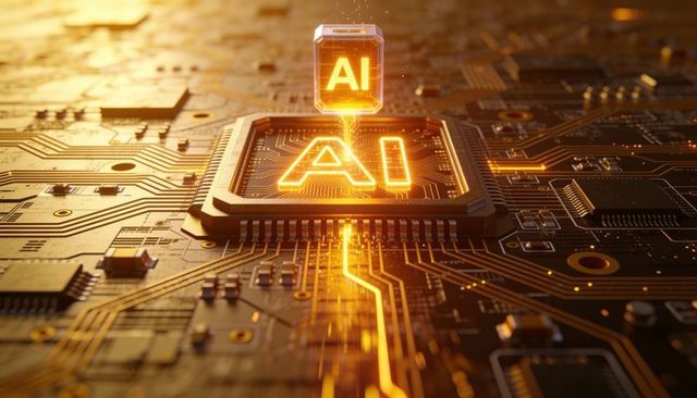 Glowing ai chip transmitting data across golden circuitry with neon traces, hovering cube
