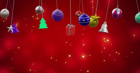 Colorful Christmas Baubles and Decorations on Festive Red Background