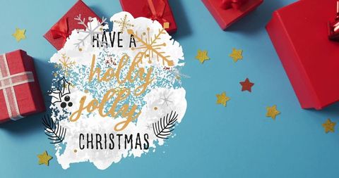 Festive Christmas Greeting with Red Gifts and Gold Confetti