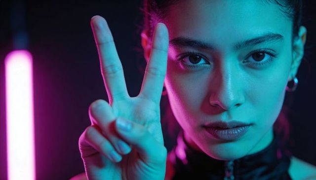 Young woman making peace sign under neon teal and magenta lights closeup portrait