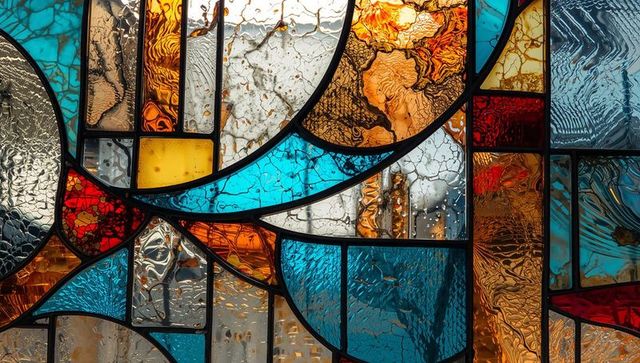 Intricate abstract stained glass window with vibrant colors