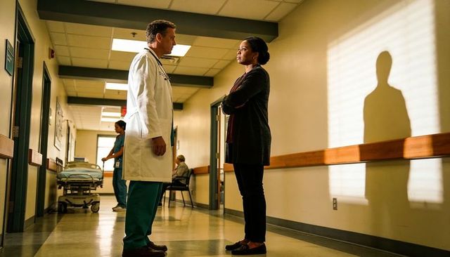 Doctor talking with concerned visitor in hospital corridor, stethoscope, gurney background