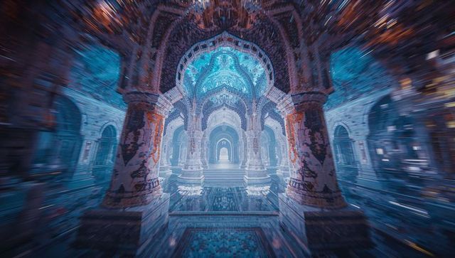 Intricate temple hall with carved columns and arches