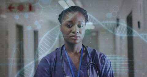 African American Doctor with DNA Data in Hospital Environment