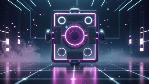 Futuristic glowing cube inside virtual cyberpunk chamber