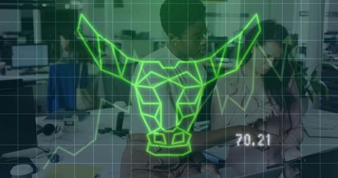 Diverse colleagues analyzing financial data with bullish market symbol