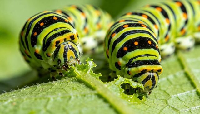 Two green-and-black striped caterpillars feeding on leaf, macro close-up showing chew damage