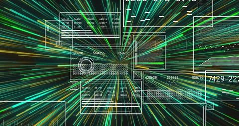 Neon data burst interface with central wireframe keyboard, reticle and analytic panels