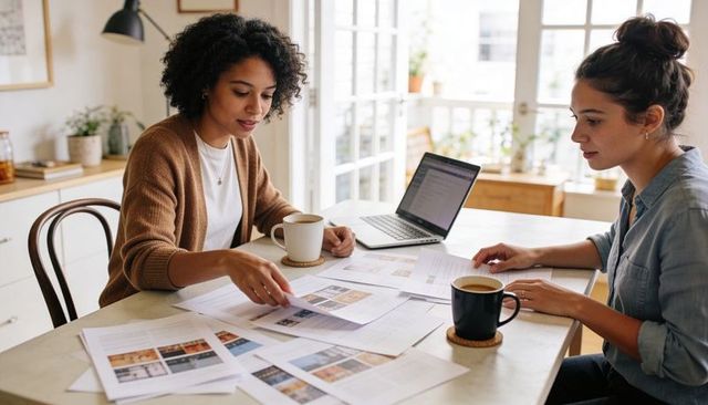 Two women collaborating on design layouts at home table with laptop and coffee