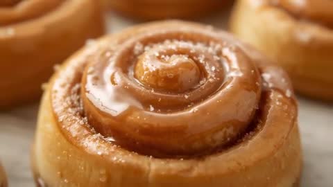 Slow pull-back panning over glazed cinnamon roll with caramel drizzle and sugar crystals