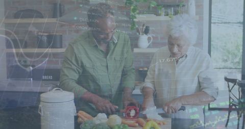 Senior Couple Cooking with Futuristic Data Visualization Overlay