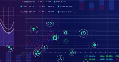 Displaying neon energy analytics dashboard with glowing line charts and eco tech icons