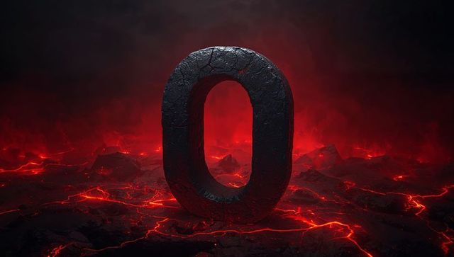 Cracked stone zero in fiery volcanic landscape