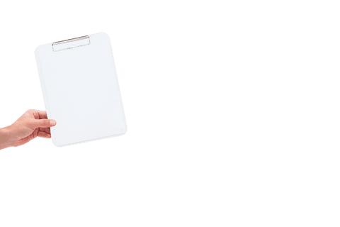 Hand holding white clipboard on transparent background for mockup design