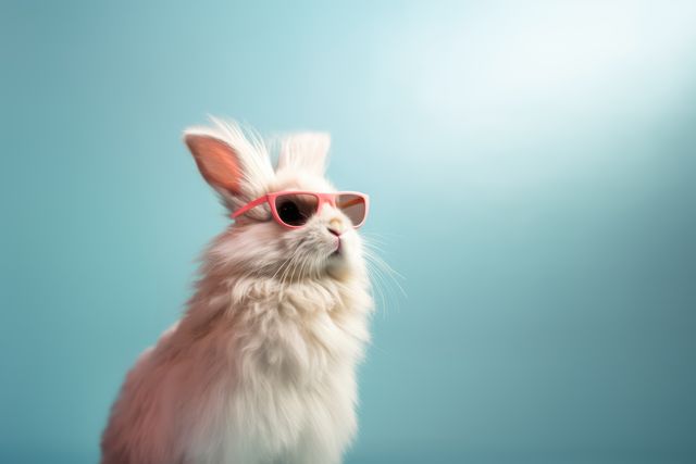 Rabbit wearing sunglasses on blue background, created using generative ai technology. Rabbit, animal, summer and vacation concept digitally generated image.