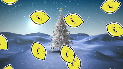 Cheerful Lemons Covering Snowy Christmas Tree at Twilight