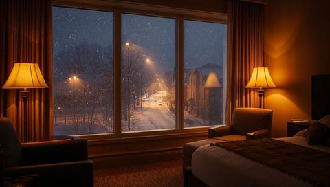 Cozy hotel room overlooking snowy city street at night through large three-pane window