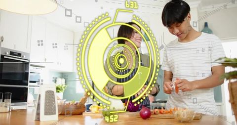 Young Couple Cooking with Augmented Reality HUD in Bright Modern Kitchen, Meal Prep