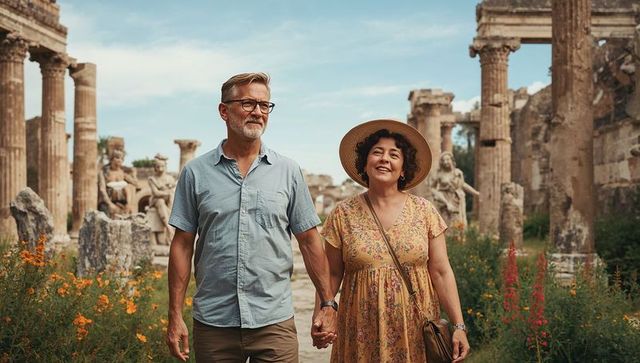 Senior couple walking hand in hand through ancient ruins, smiling amid wildflowers