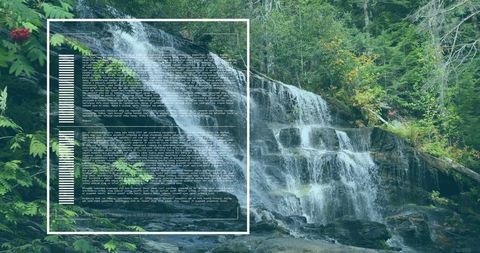 Digital data interface overlay on peaceful forest waterfall scene