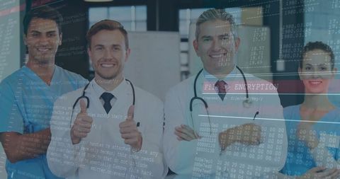 Medical professionals in hospital with digital code overlay