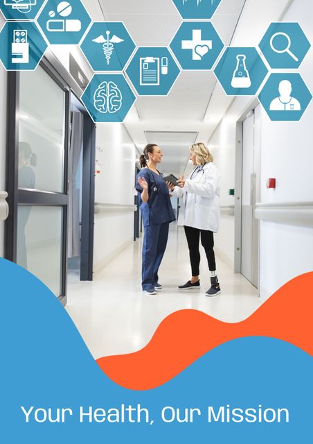 Image showing two female doctors discussing in a hospital corridor with medical icons overlay. Could be used for healthcare advertisements, medical blogs, hospital or healthcare designs, articles on modern medical practices, or educational material on healthcare professionals working together.