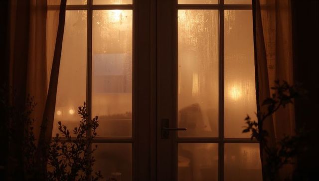 Framing Fogged French Doors Revealing Warm Amber Interior Glow Through Condensation