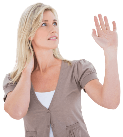 Confident Blonde Woman Raising Hand on Transparent Background