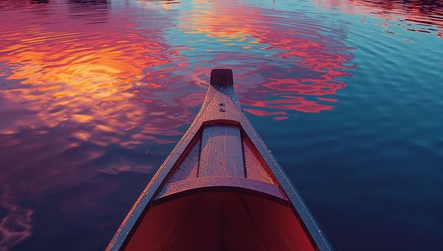 Canoe Bow Gliding Calm Lake at Vibrant Sunset with Waves
