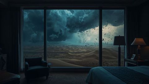 Panoramic bedroom window framing desert storm over rolling dunes with moody cinematic glow