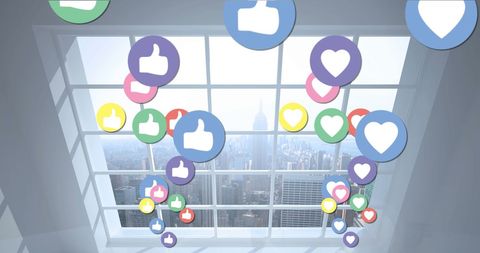 Colorful Social Media Icons Flowing Over Urban Cityscape