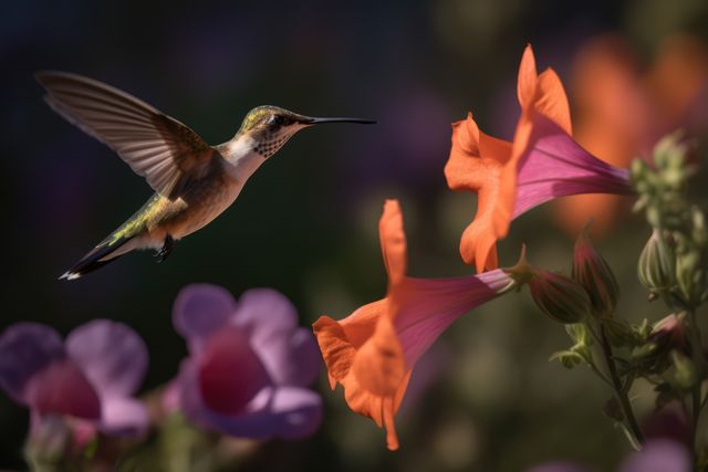 Hummingbird hovering by red and purple flower in sunlight, created using generative ai technology. Beauty in nature, wildlife, agility and feeding concept digitally generated image.