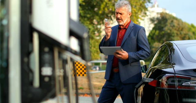 Businessman using digital tablet while talking on mobile phone at charging station. Businessman standing near car 4k