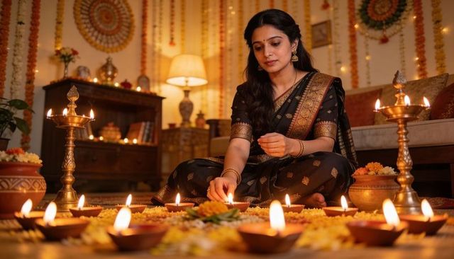 Woman in black saree lighting diyas for diwali home celebration with marigold decor