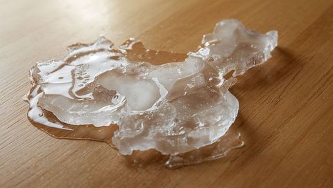 Glistening translucent gelatin melting on wooden table