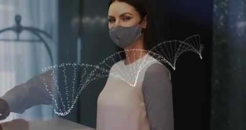 Masked Woman Checking in at Hotel Reception while Holographic DNA Helix Floating