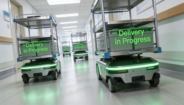 Autonomous delivery robot fleet navigating hospital hallway with green led indicators