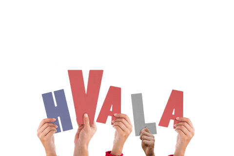 Hands Holding Colorful Transparent Hvala Letters of Thanks