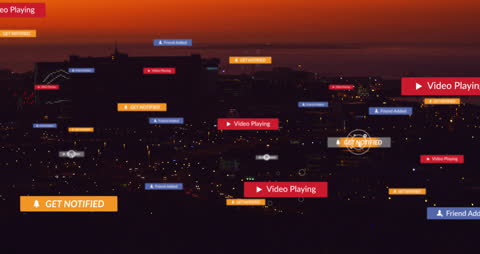 Digital Notifications Overlay on Urban Cityscape at Twilight