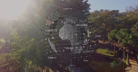 Futuristic Data Visualization with Holographic Globe in Urban Park