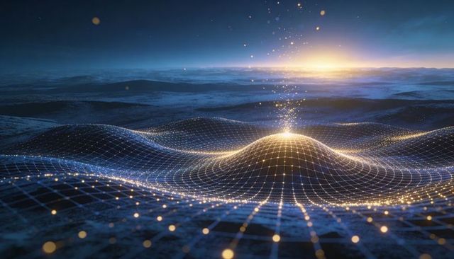 Glowing wireframe landscape emitting golden particles and energy spark stream at dawn