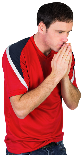 Nervous Young Football Fan in Red Jersey with Clasped Hands Transparent Background - Download Free Stock Videos Pikwizard.com